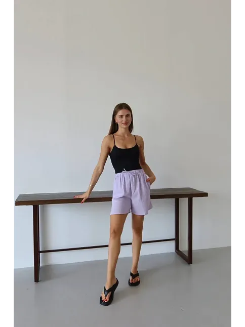 Müslin Kumaş Şort Bağcıklı Lila Pt