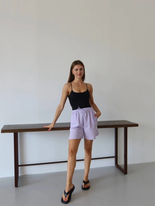 Müslin Kumaş Şort Bağcıklı Lila Pt