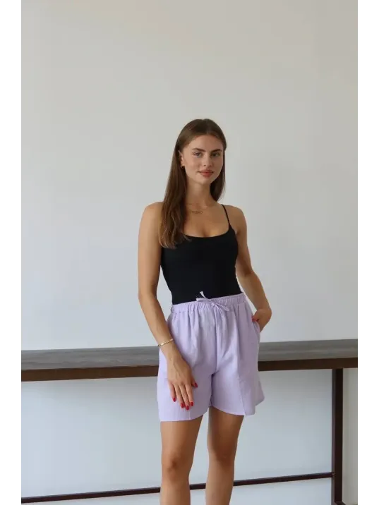 Müslin Kumaş Şort Bağcıklı Lila Pt