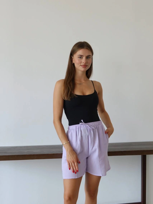 Müslin Kumaş Şort Bağcıklı Lila Pt