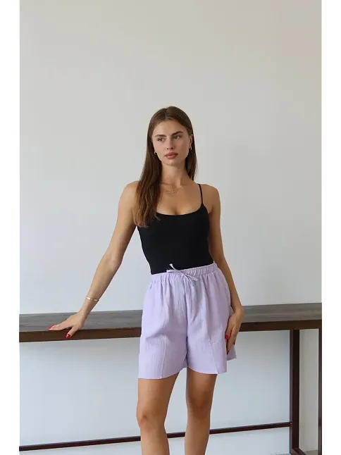 Müslin Kumaş Şort Bağcıklı Lila Pt