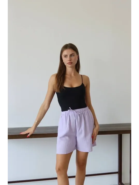 Müslin Kumaş Şort Bağcıklı Lila Pt