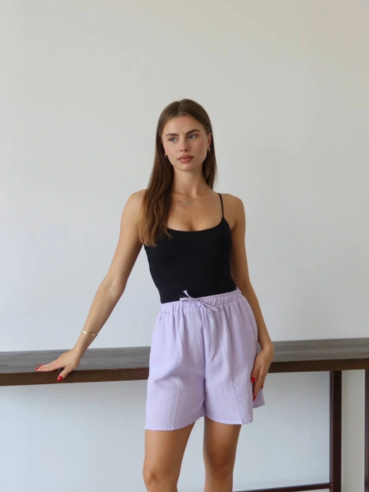 Müslin Kumaş Şort Bağcıklı Lila Pt