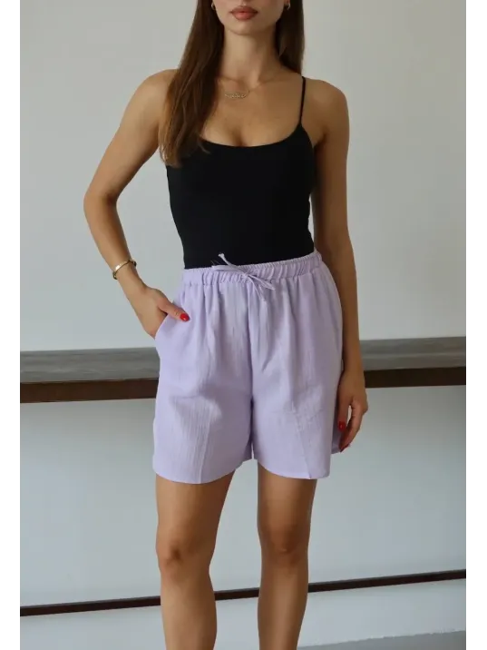 Müslin Kumaş Şort Bağcıklı Lila Pt