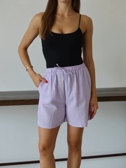 Müslin Kumaş Şort Bağcıklı Lila Pt