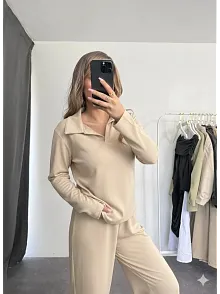Polo Yaka Alt Üst Kollu Modal Takım Bej Pt