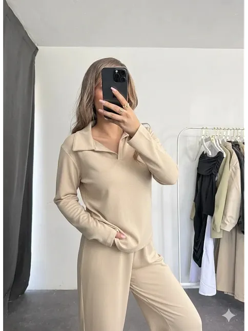 Polo Yaka Alt Üst Kollu Modal Takım Bej Pt