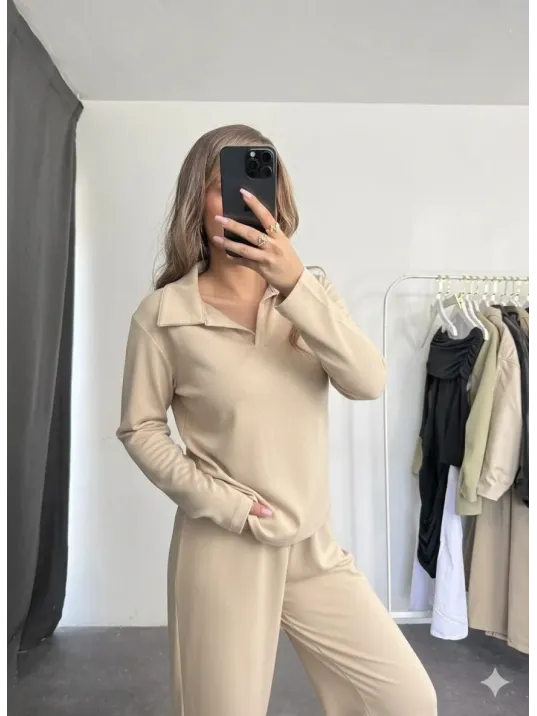 Polo Yaka Alt Üst Kollu Modal Takım Bej Pt