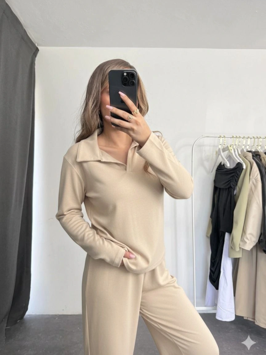 Polo Yaka Alt Üst Kollu Modal Takım Bej Pt