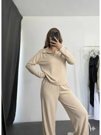 Polo Yaka Alt Üst Kollu Modal Takım Bej Pt