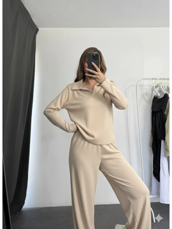 Polo Yaka Alt Üst Kollu Modal Takım Bej Pt