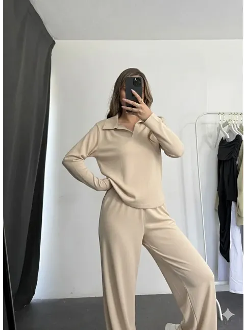 Polo Yaka Alt Üst Kollu Modal Takım Bej Pt