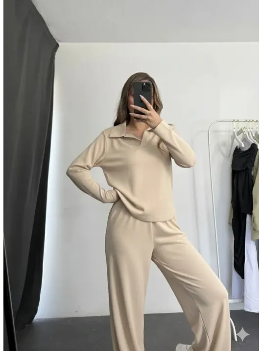 Polo Yaka Alt Üst Kollu Modal Takım Bej Pt