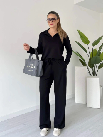 Polo Yaka Alt Üst Kollu Modal Takım Siyah Pt Polo Yaka Alt Üst Kollu Modal Takım Siyah Pt