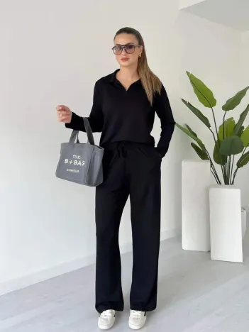 Polo Yaka Alt Üst Kollu Modal Takım Siyah Pt Polo Yaka Alt Üst Kollu Modal Takım Siyah Pt