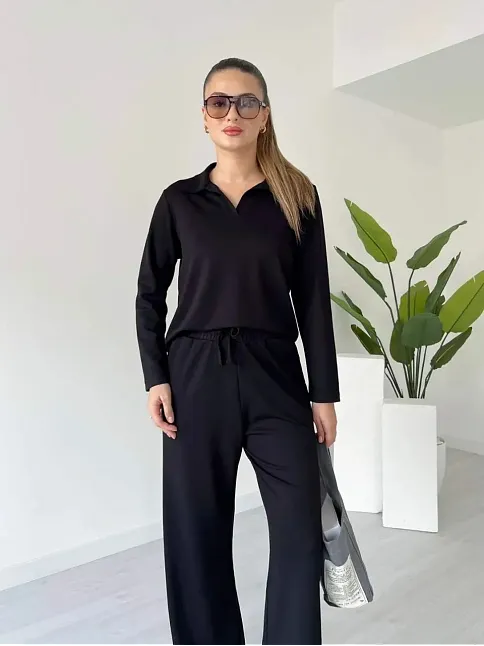 Polo Yaka Alt Üst Kollu Modal Takım Siyah Pt