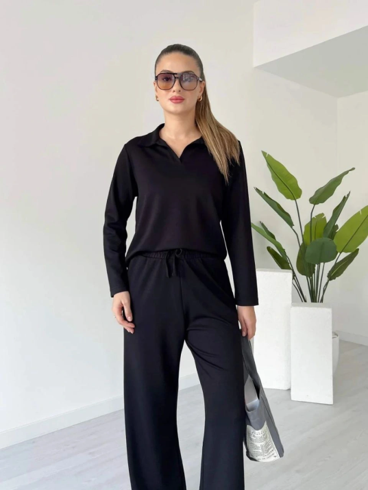 Polo Yaka Alt Üst Kollu Modal Takım Siyah Pt Polo Yaka Alt Üst Kollu Modal Takım Siyah Pt