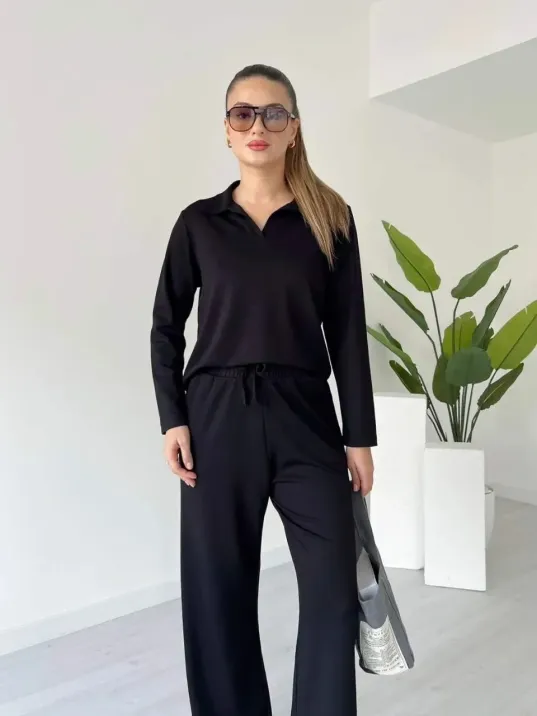 Polo Yaka Alt Üst Kollu Modal Takım Siyah Pt