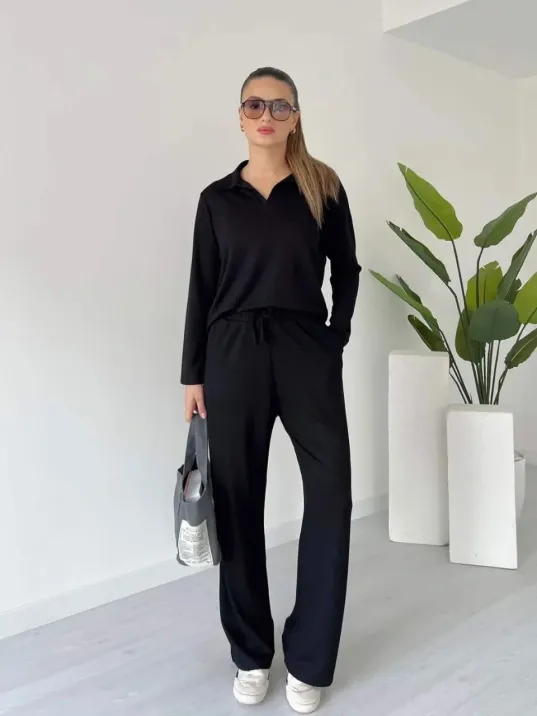 Polo Yaka Alt Üst Kollu Modal Takım Siyah Pt Polo Yaka Alt Üst Kollu Modal Takım Siyah Pt