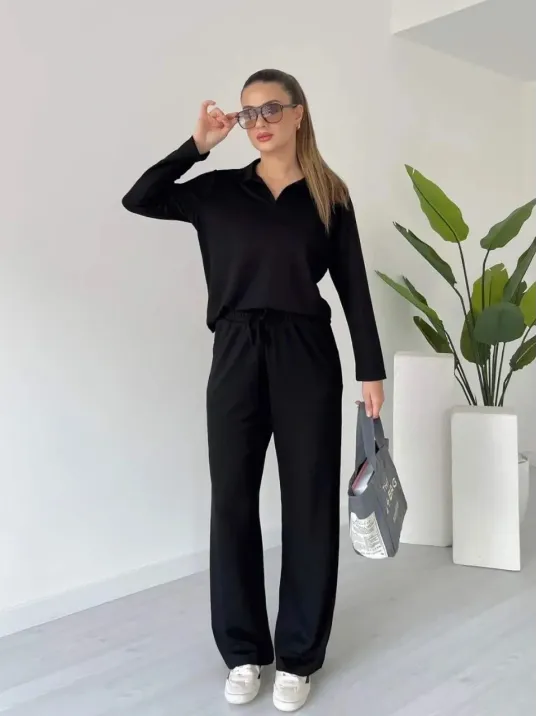 Polo Yaka Alt Üst Kollu Modal Takım Siyah Pt