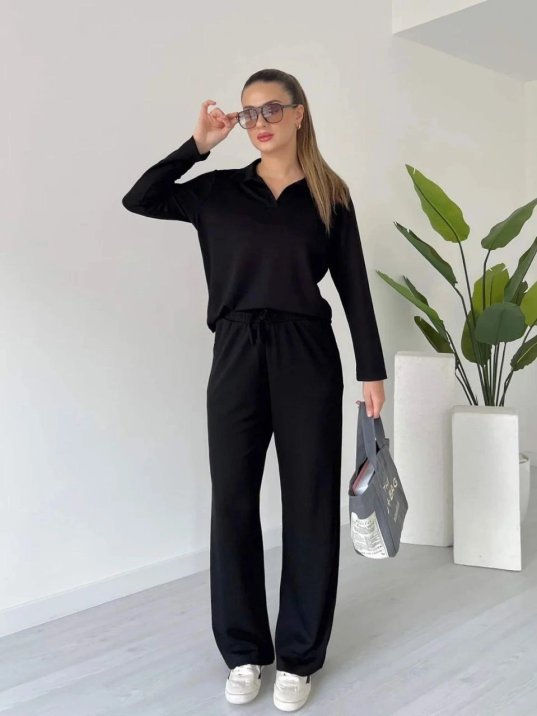 Polo Yaka Alt Üst Kollu Modal Takım Siyah Pt Polo Yaka Alt Üst Kollu Modal Takım Siyah Pt