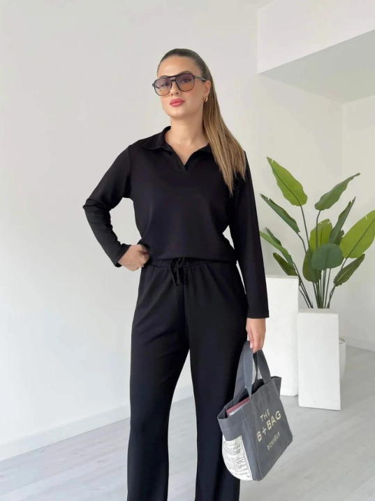 Polo Yaka Alt Üst Kollu Modal Takım Siyah Pt Polo Yaka Alt Üst Kollu Modal Takım Siyah Pt