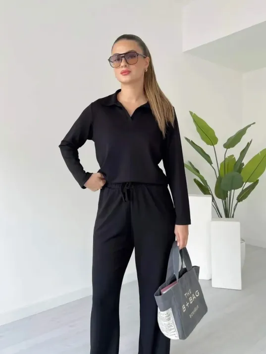 Polo Yaka Alt Üst Kollu Modal Takım Siyah Pt