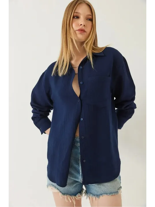 Tek Cepli Müslin Gömlek Lacivert Pt