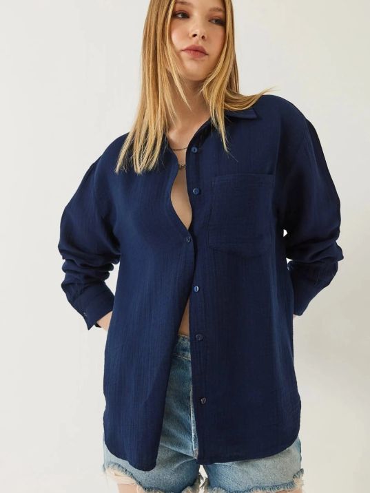 Tek Cepli Müslin Gömlek Lacivert Pt Tek Cepli Müslin Gömlek Lacivert Pt