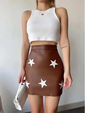 Yıldız Baskılı Deri Etek Kahve