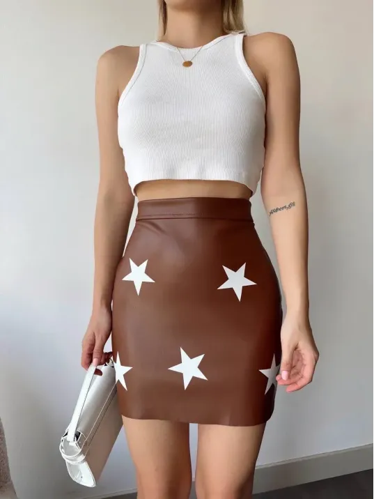 Yıldız Baskılı Deri Etek Kahve