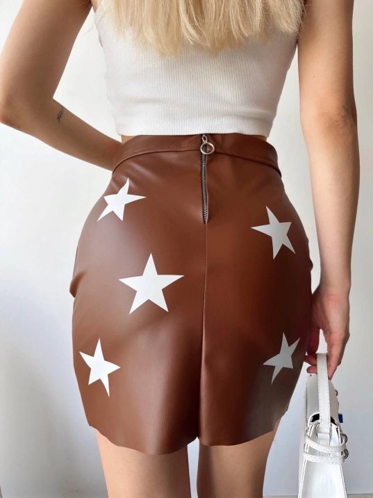 Yıldız Baskılı Deri Etek Kahve Yıldız Baskılı Deri Etek Kahve
