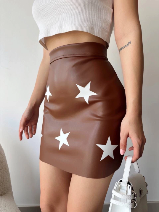 Yıldız Baskılı Deri Etek Kahve Yıldız Baskılı Deri Etek Kahve