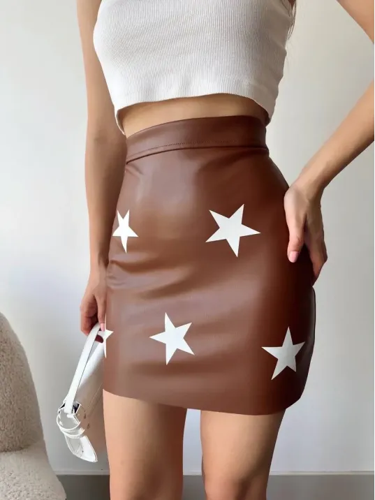 Yıldız Baskılı Deri Etek Kahve