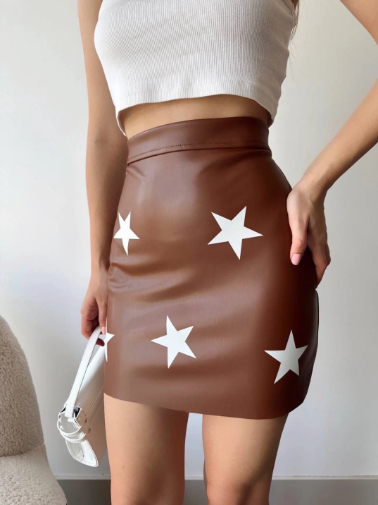 Yıldız Baskılı Deri Etek Kahve Yıldız Baskılı Deri Etek Kahve