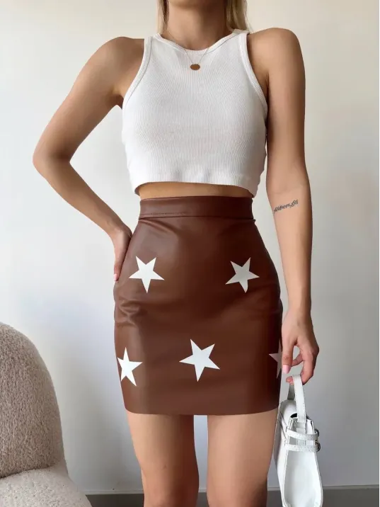 Yıldız Baskılı Deri Etek Kahve