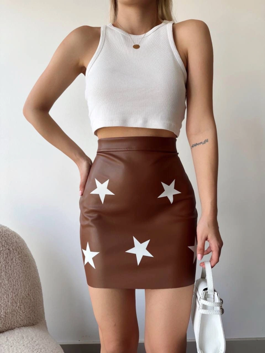 Yıldız Baskılı Deri Etek Kahve Yıldız Baskılı Deri Etek Kahve