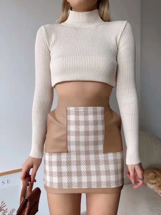 Deri Cep Garnili Kaşe Etek Bej H24604