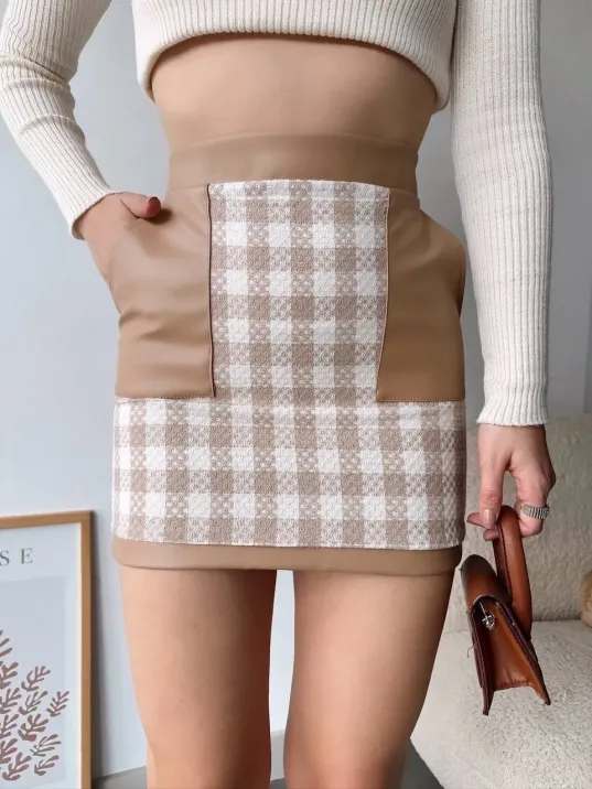 Deri Cep Garnili Kaşe Etek Bej H24604