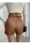 Beli Lastikli Deri Şort Kahve H24605