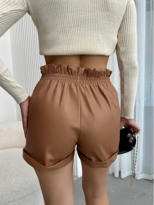 Beli Lastikli Deri Şort Kahve H24605