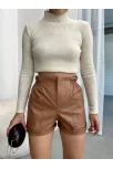 Beli Lastikli Deri Şort Kahve H24605