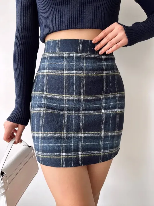 Ekoseli Kaşe Etek Lacivert Hf