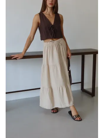 Müslin Kumaş Keten Uzun Etek Bej Pt