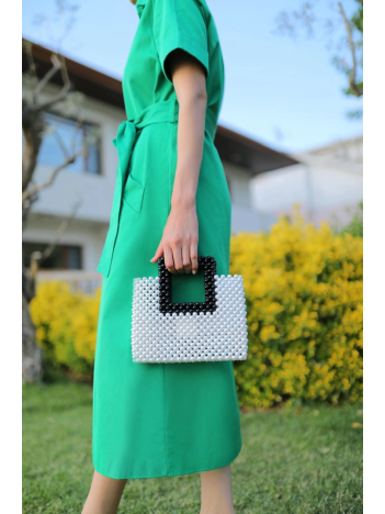 Çift Renkli İnci El Yapımı Çanta Beyaz