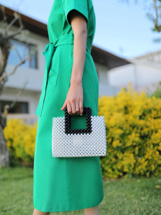 Çift Renkli İnci El Yapımı Çanta Beyaz