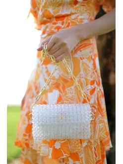 El Yapımı Zincirli İncili Çanta Beyaz