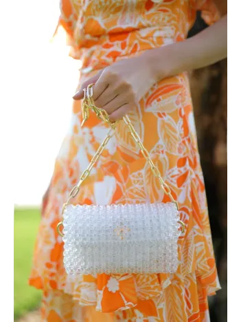 El Yapımı Zincirli İncili Çanta Beyaz