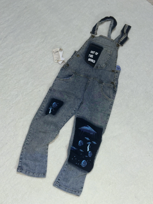 8-9 yaş kız çocuk jeans tulum baskılı buz mavi