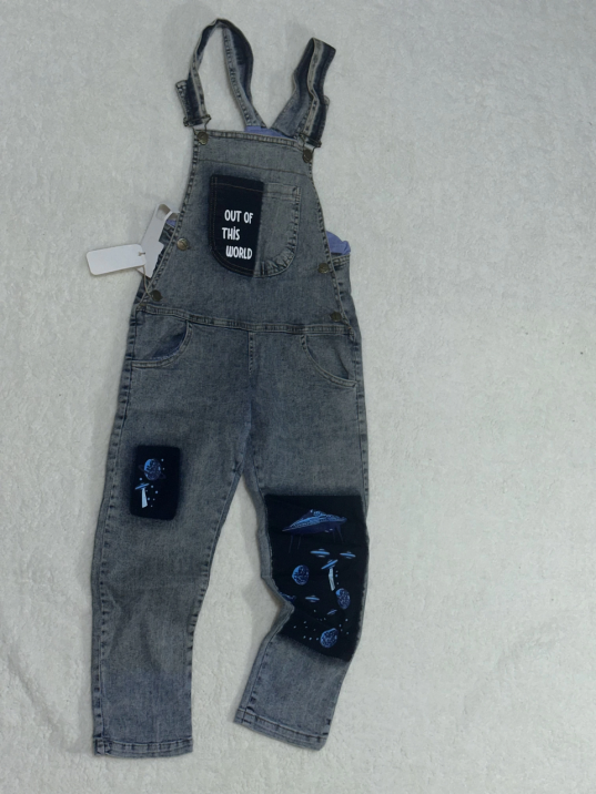 8-9 yaş kız çocuk jeans tulum baskılı buz mavi